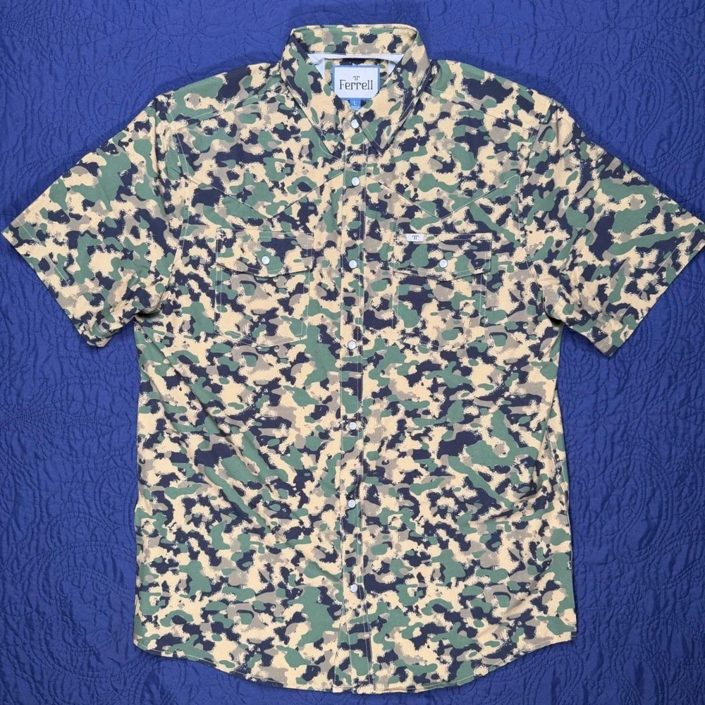 Ferrell Mens Camo Western Pearl Snap Shirt Green Tan Short Sleeve Stretch Large